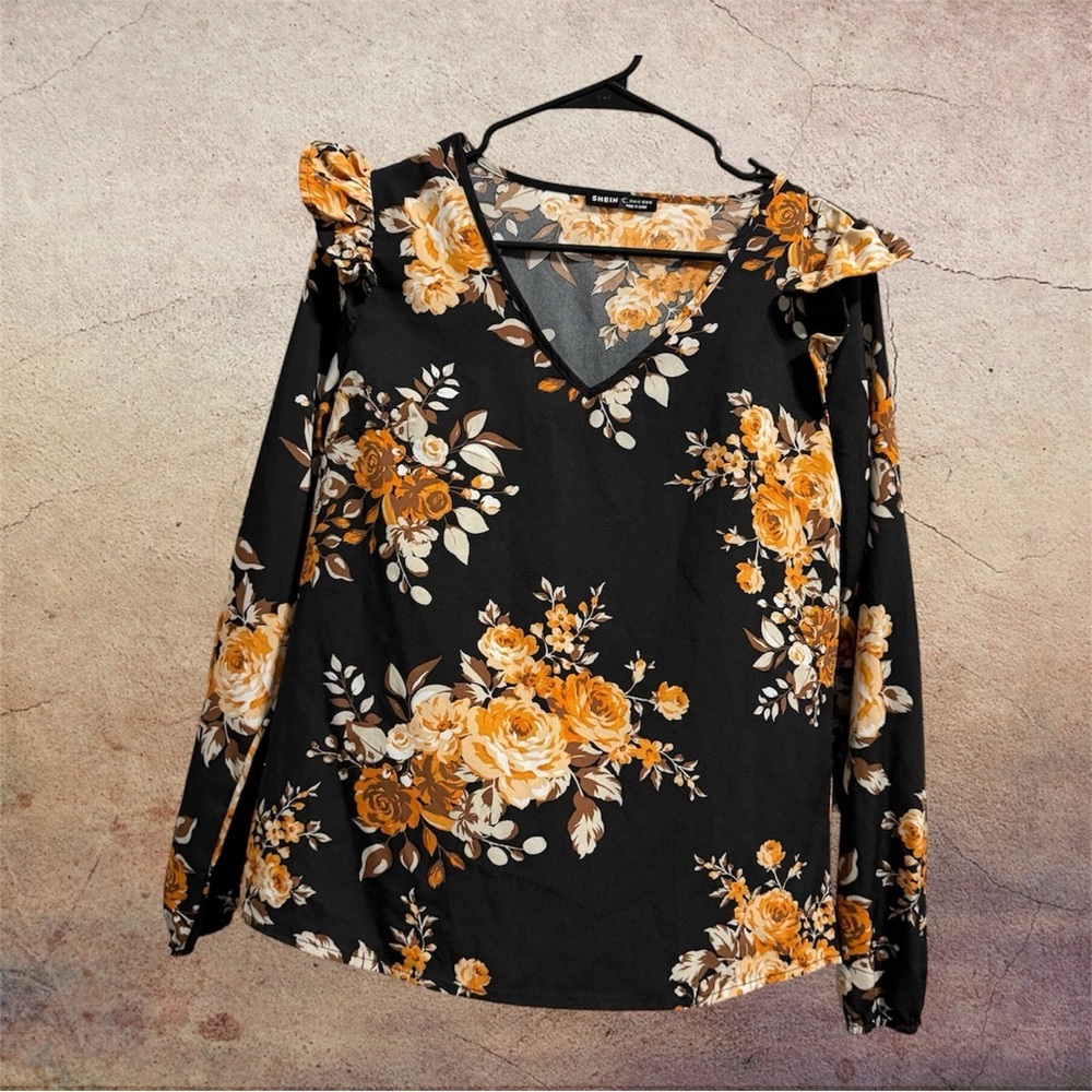 SHEIN Floral V-Neck Long Sleeve Blouse in Black & Mustard size M 8/10